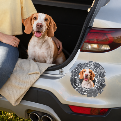 Autocollant de voiture personnalisé avec photo d'un beagle sur un véhicule gris, effet verre brisé.