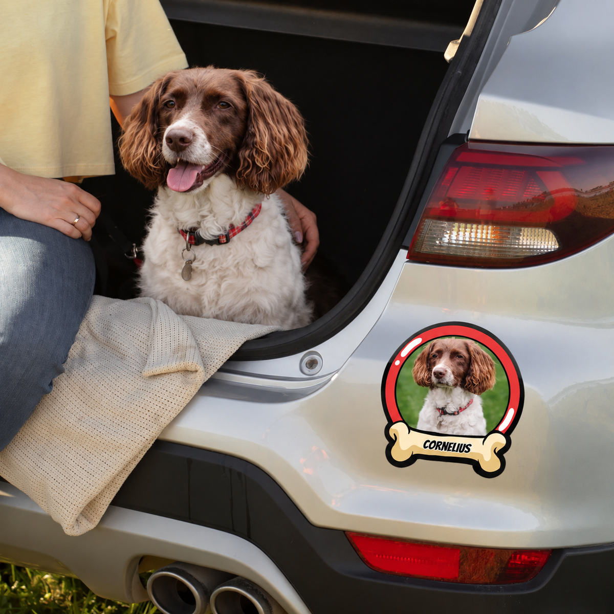 Autocollant de voiture personnalisé avec photo de chien et nom, sur le coffre d'une voiture grise.