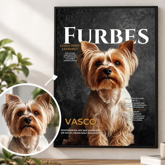 Poster personnalisable avec un chien, fond noir et inscription dorée "FURBES".