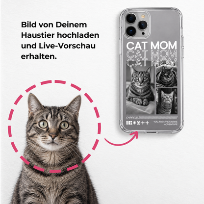 Gepersonaliseerd transparant telefoonhoesje met opdruk "CAT MOM" en foto's van katten.