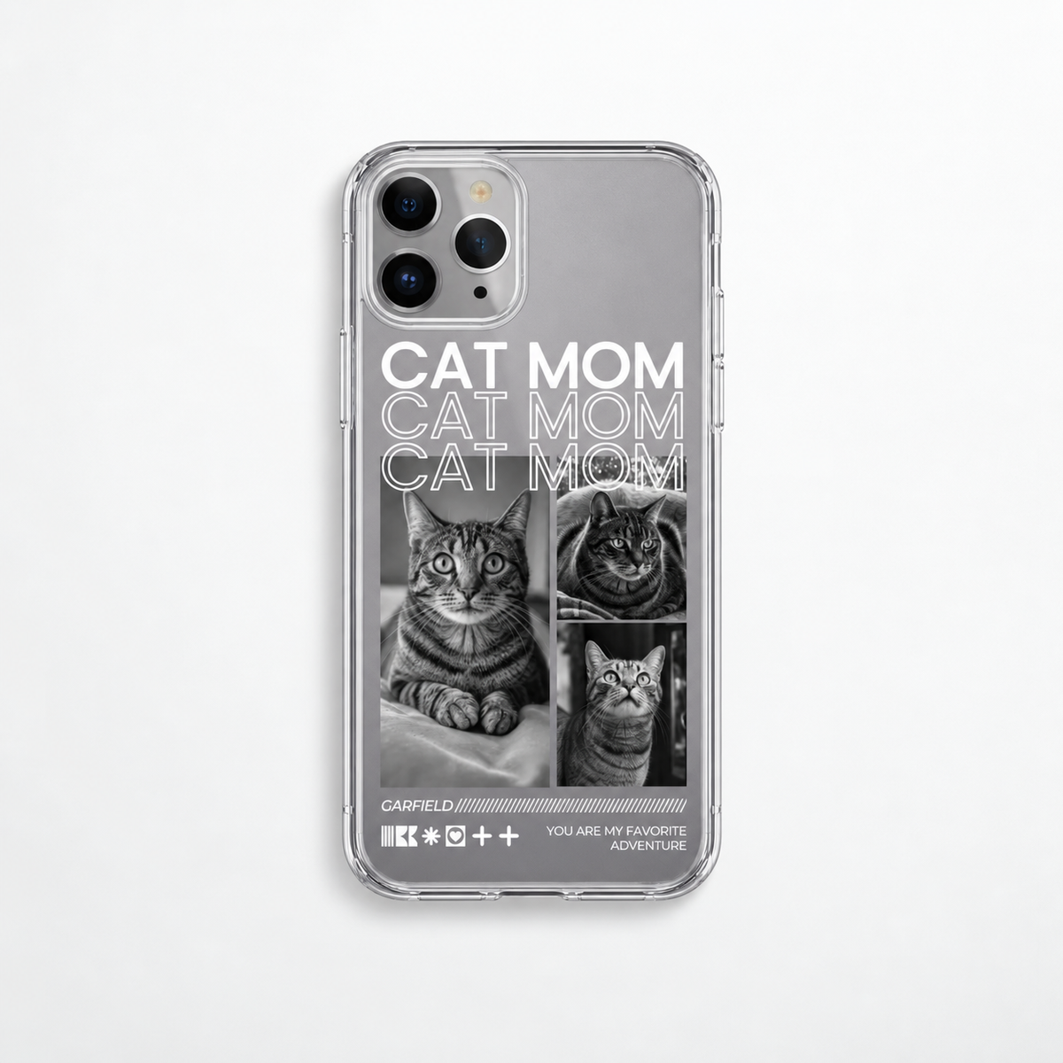 Gepersonaliseerd transparant telefoonhoesje met kattenmotieven en de opdruk "Cat Mom".