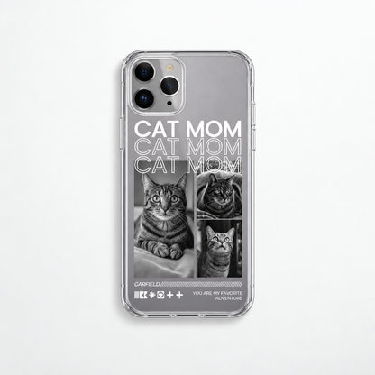 Gepersonaliseerd transparant telefoonhoesje met kattenmotieven en de opdruk "Cat Mom".