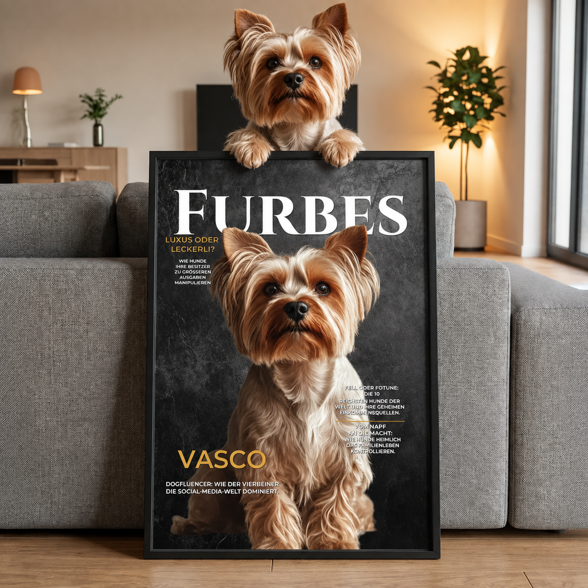 Poster personnalisé d'un chien en couverture de magazine dans un intérieur. Cadre noir.
