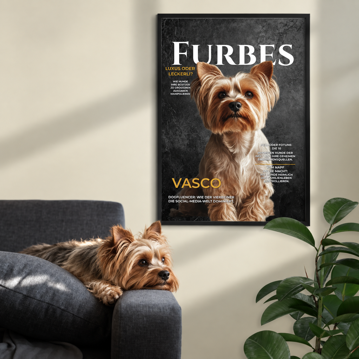Poster de chien personnalisé style magazine, encadré, intitulé "FURBES". Chien détendu sur un canapé.