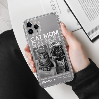 Gepersonaliseerd transparant telefoonhoesje met kattenmotieven en de tekst "Cat Mom".