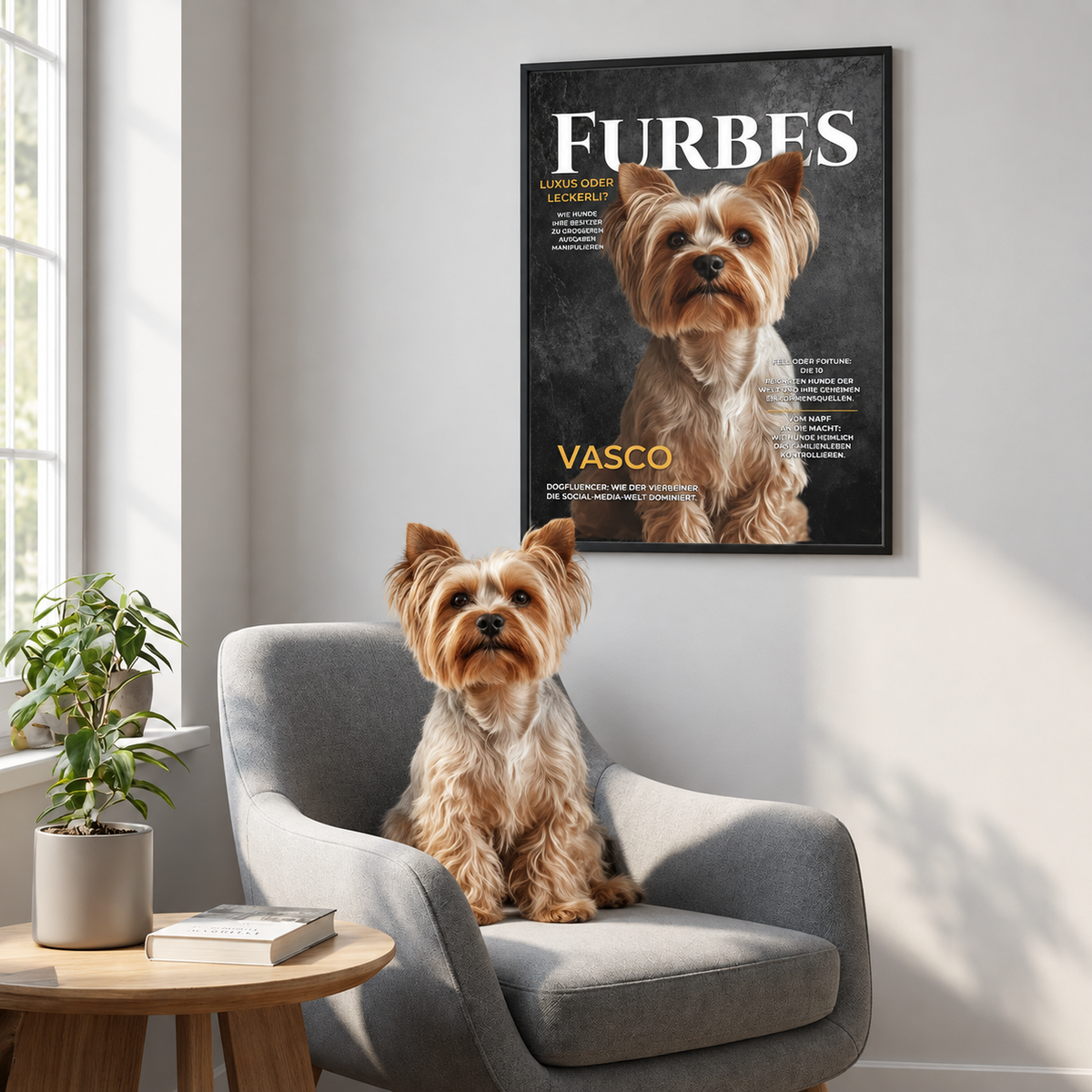 Un chien sur un fauteuil gris devant un poster personnalisé avec le nom "Vasco".