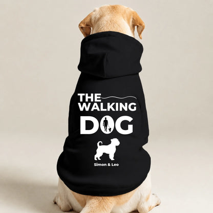 Sweat à capuche noir pour chien avec imprimé “THE WALKING DOG” et nom personnalisé.