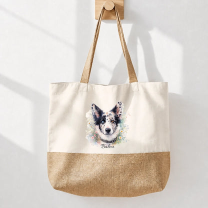 Katoenen boodschappentas met jute-look bodem en aquarel-hondenmotief, gepersonaliseerd met de naam Balou.