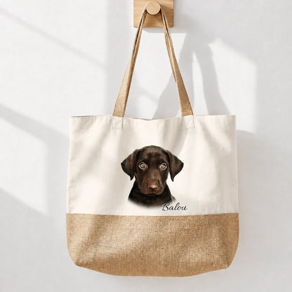 Sac cabas personnalisé en coton avec fond aspect jute, imprimé d'un portrait de chien.