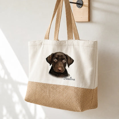 Sac cabas beige avec portrait de chien marron et nom personnalisé Balou.