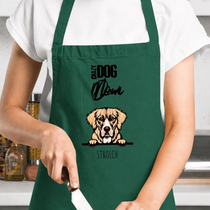 Gepersonaliseerd groen schort met hondenmotief en opschrift voor huisdierouders.