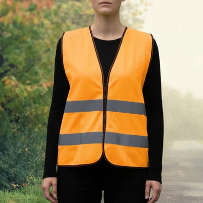 Gepersonaliseerd veiligheidshesje in feloranje met reflecterende strepen, gedragen door een persoon.