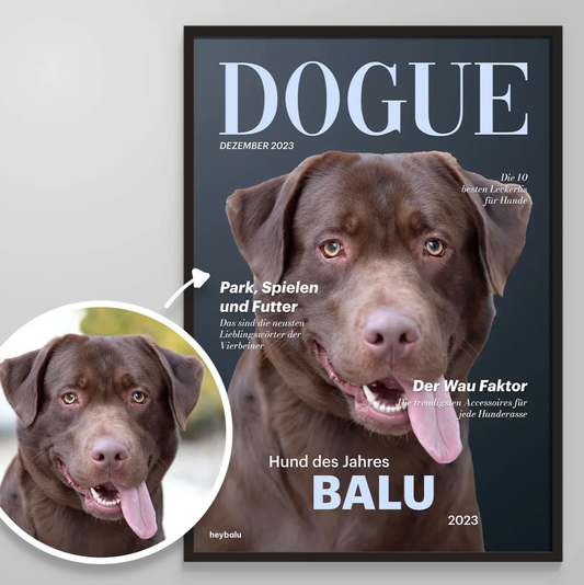 Poster personnalisable pour chien avec un labrador souriant, design moderne et grande inscription "DOGUE".