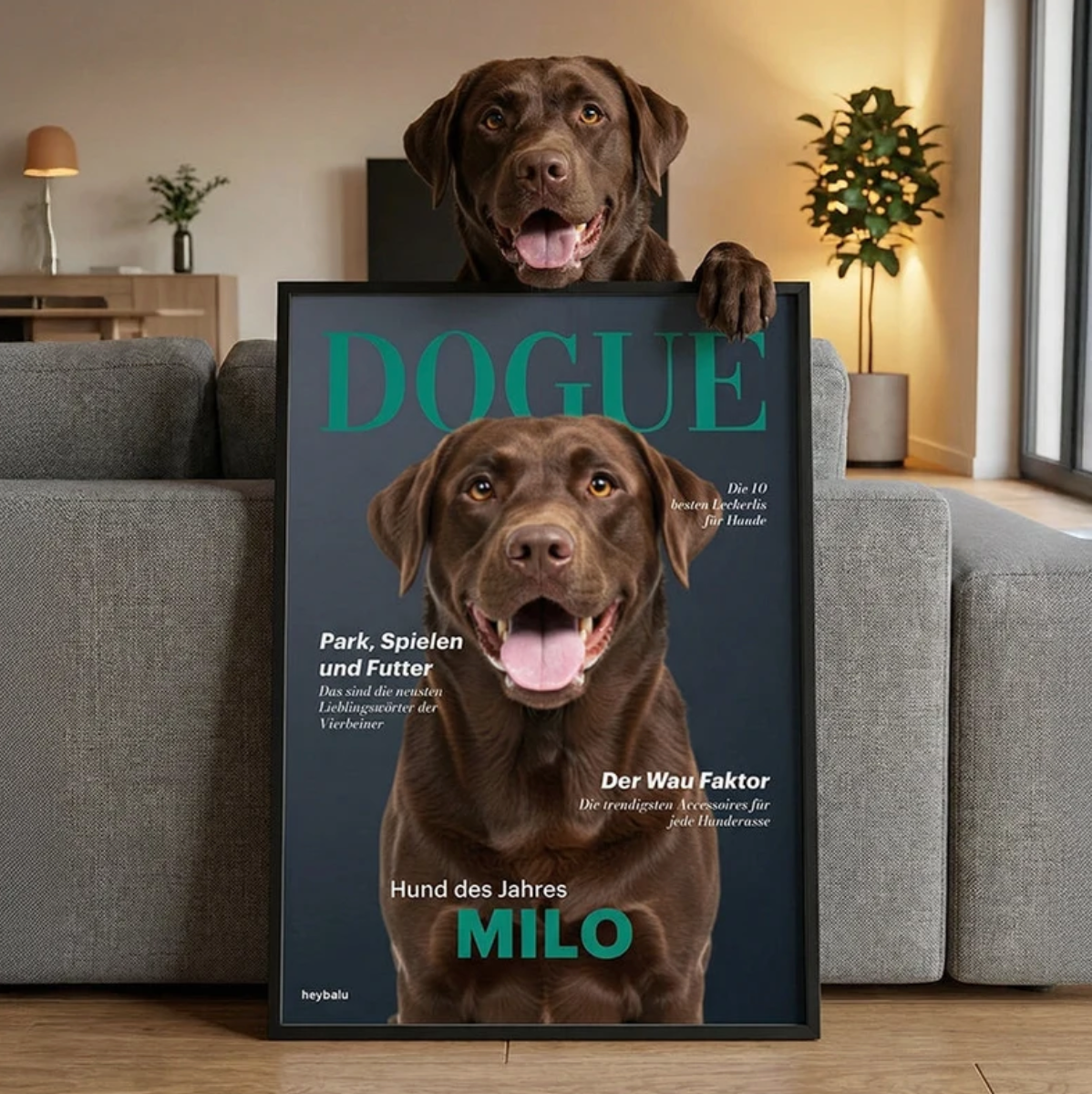 Poster personnalisé avec un labrador chocolat, dans un salon avec canapé gris et lampe en bois.