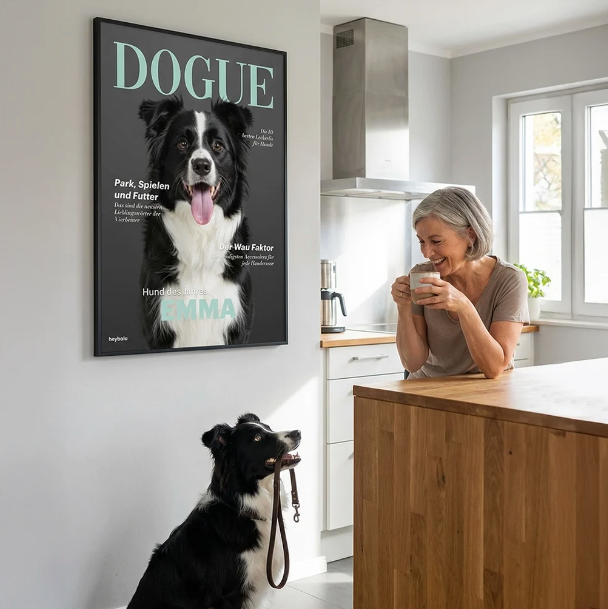 Poster personnalisé avec chien en couverture de magazine, cadre noir, cuisine moderne en arrière-plan.