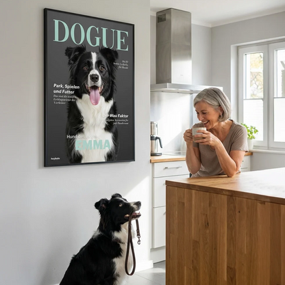 Poster personnalisé avec chien en couverture de magazine, cadre noir, cuisine moderne en arrière-plan.