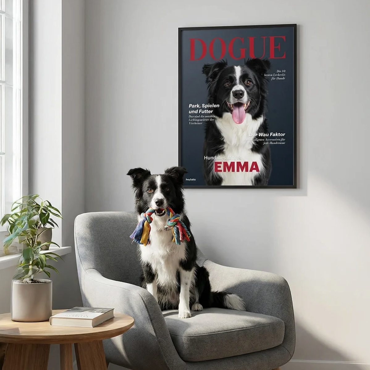Poster personnalisable avec photo de chien, chien assis dans un fauteuil, plante verte en arrière-plan.