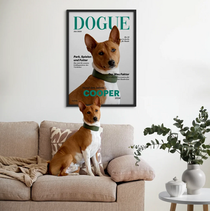 Poster personnalisé avec chien sur un canapé, design moderne et cadre gris.