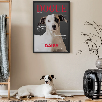 Poster encadré avec photo de chien et texte, assorti aux couleurs du mur.