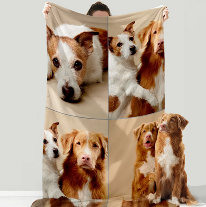 Gepersonaliseerde deken met vier foto's van honden op beige achtergrond, vastgehouden door een persoon.