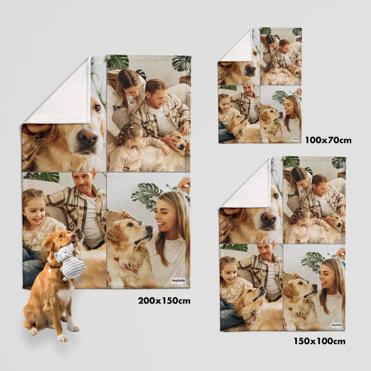 Gepersonaliseerde dekens in verschillende maten met eigen foto's, onder meer familiefoto's en huisdieren.
