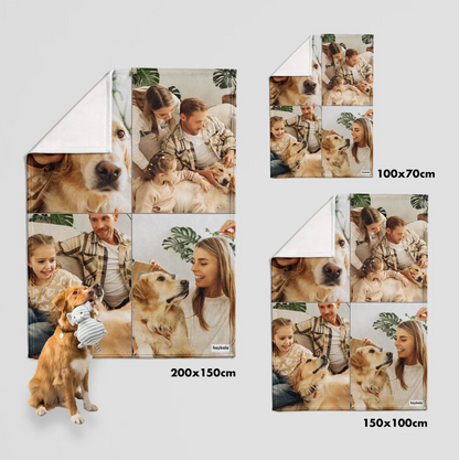 Gepersonaliseerde dekens in verschillende maten met eigen foto's, onder meer familiefoto's en huisdieren.