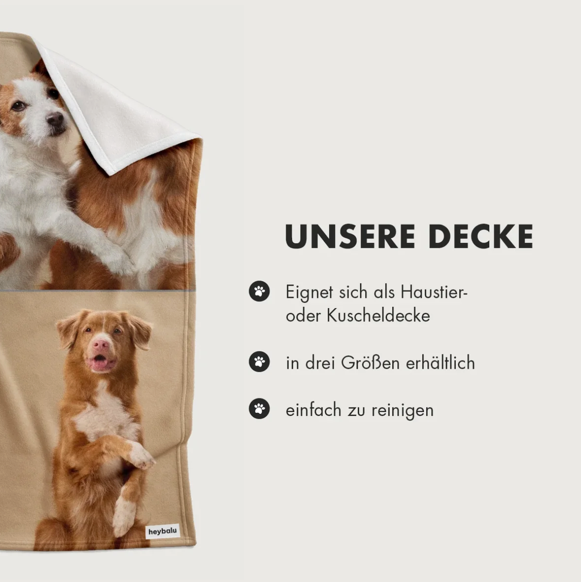 Gepersonaliseerde deken met foto's van honden, zacht materiaal in beige en bruine tinten.