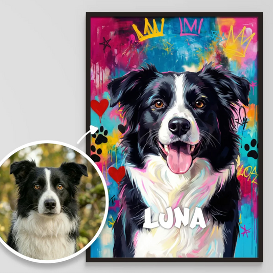 Gepersonaliseerde graffitiposter van een hond met kleurrijke achtergrond en de naam "LUNA".