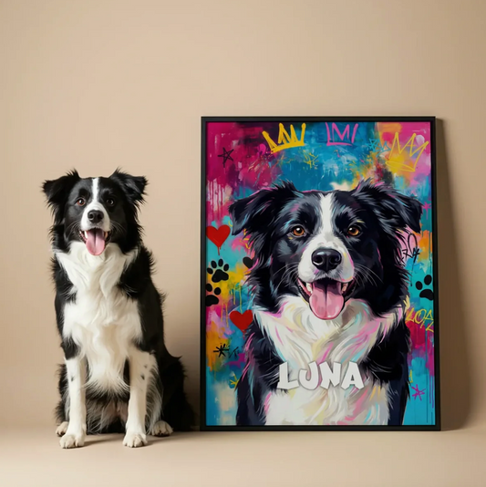 Gepersonaliseerde graffitiposter van een hond met kleurrijke achtergrond en kleurrijke accenten.