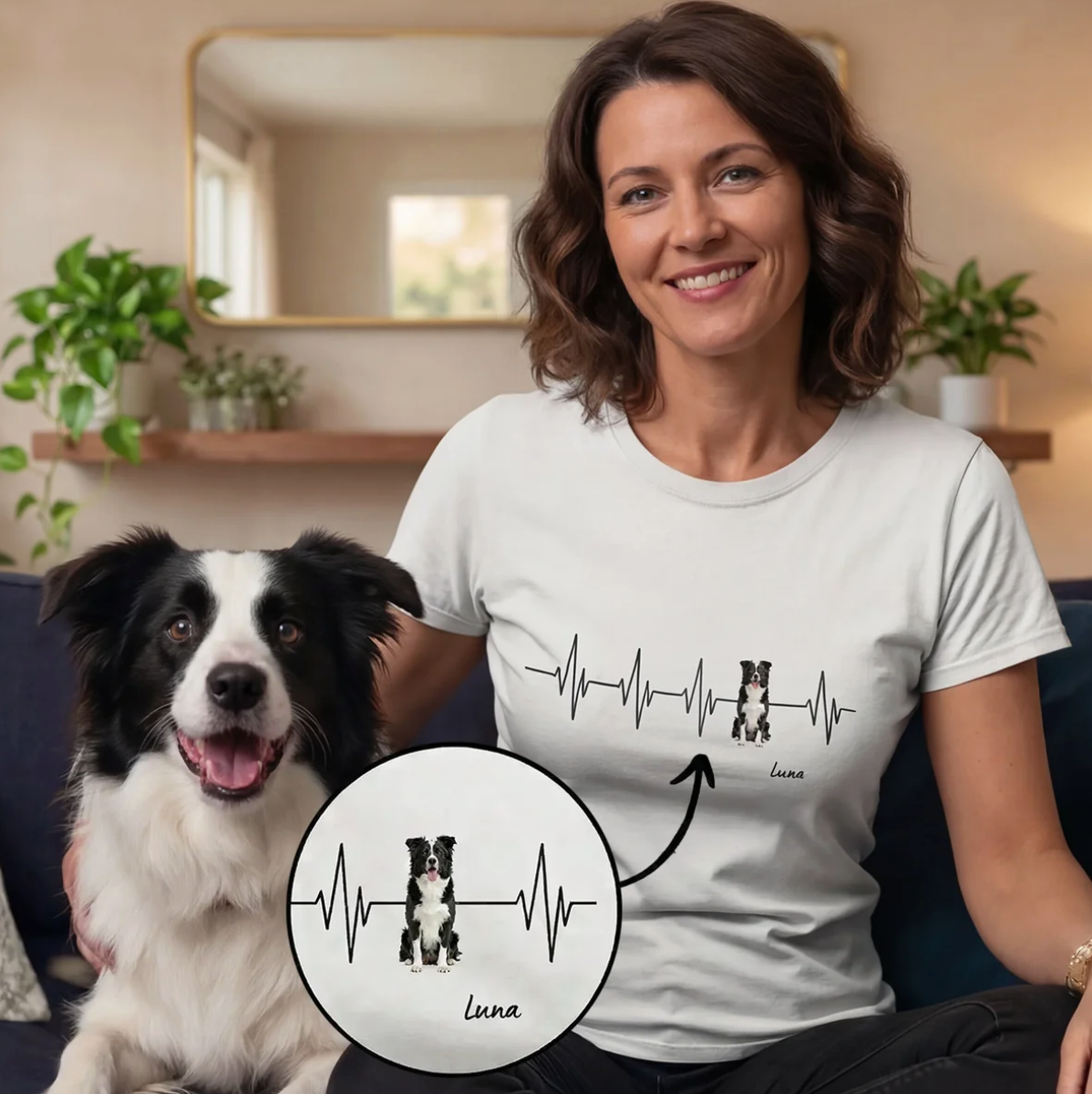 Wit T-shirt met gepersonaliseerd hartslagontwerp en hondenmotief. Vrouw zit met hond op de bank.