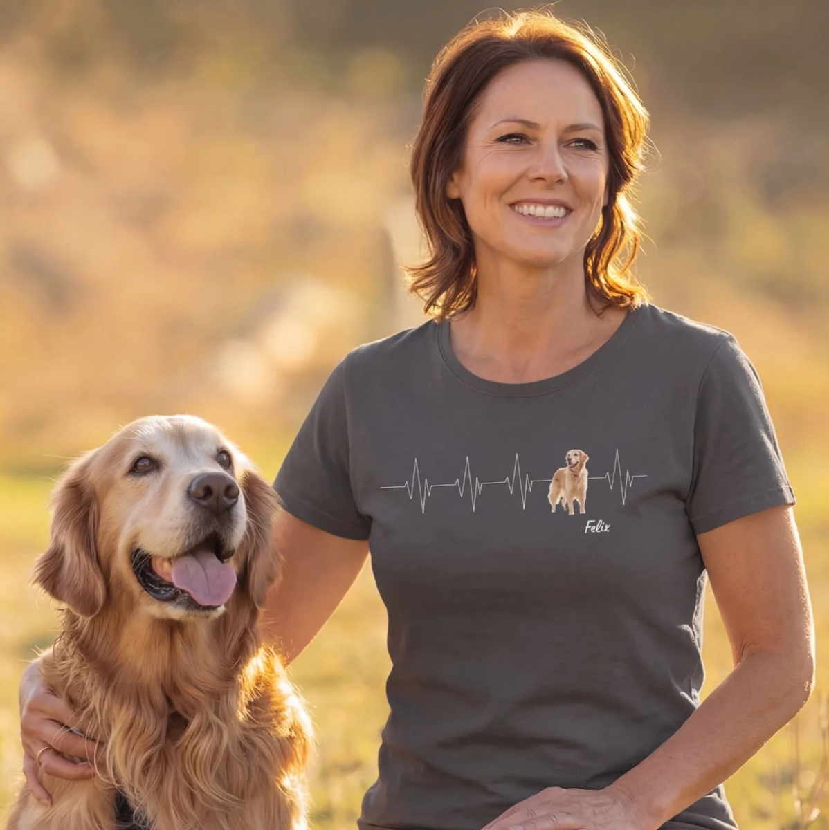 Donkergrijs gepersonaliseerd T-shirt met hartslagontwerp en hondenmotief.