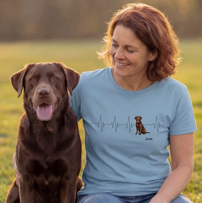 Blauw T-shirt met hondenmotief en hartslagontwerp, personalisatie mogelijk.