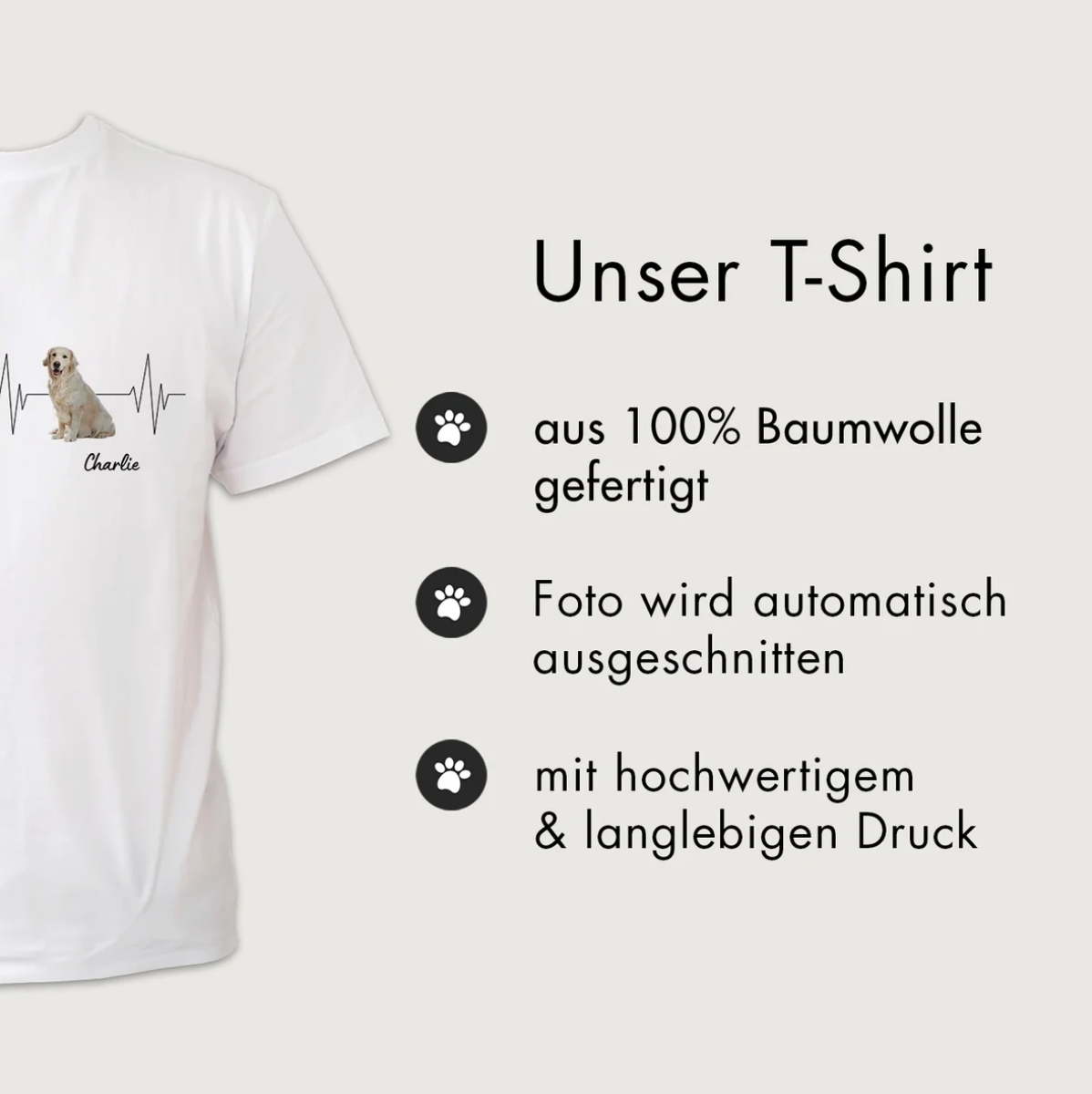 Wit T-shirt van 100% katoen met hondenmotief en hartslagontwerp. Optie voor eigen naam.