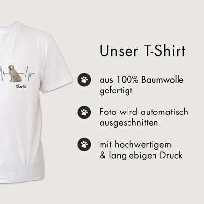 Wit T-shirt van 100% katoen met hondenmotief en hartslagontwerp. Optie voor eigen naam.