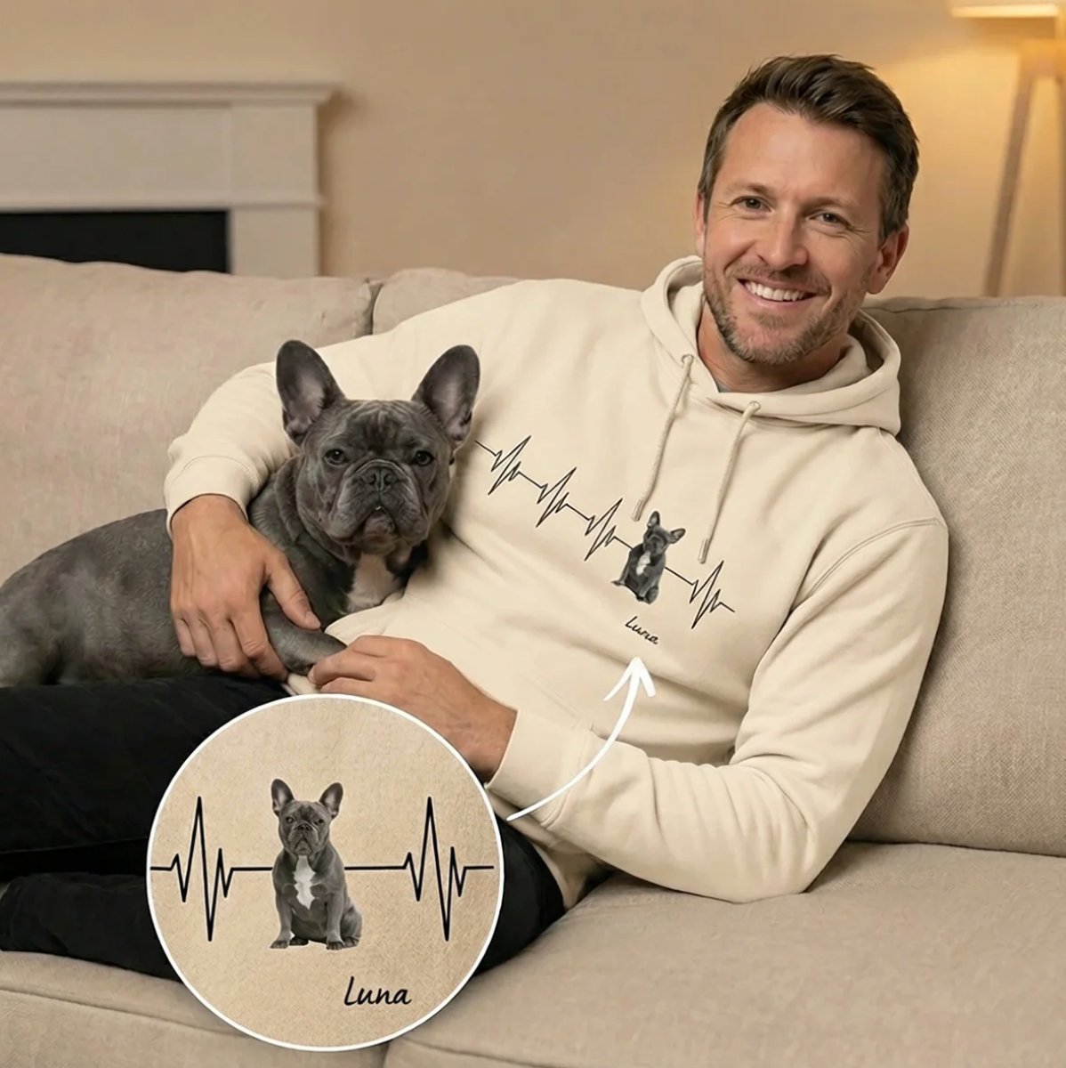 Sweat à capuche beige de qualité avec motif battement de cœur et portrait de chien, un homme tient un chien sur le canapé.