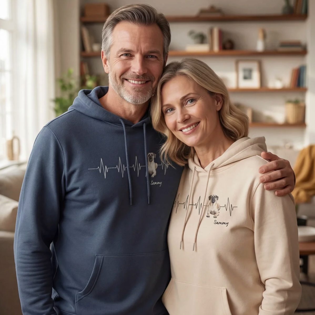 Sweats à capuche personnalisés bleu et beige avec design battement de cœur et illustration de chien.