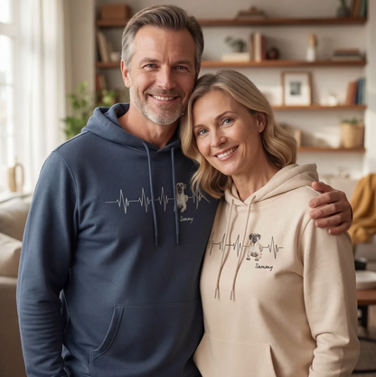 Sweats à capuche personnalisés bleu et beige avec design battement de cœur et illustration de chien.