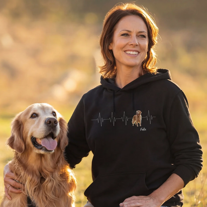Sweat à capuche noir avec motif battement de cœur et golden retriever, personnalisé avec le nom "Felix".