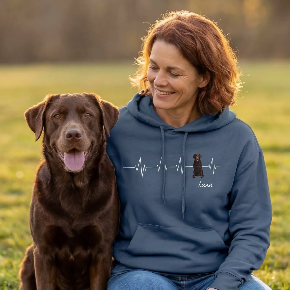 Sweat à capuche bleu personnalisé avec motif battement de cœur et photo de chien. Femme assise avec son chien sur la pelouse.
