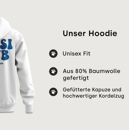 Witte hoodie met blauwe tekst "Gassi Club", unisex pasvorm, 80% katoen, gevoerde capuchon.