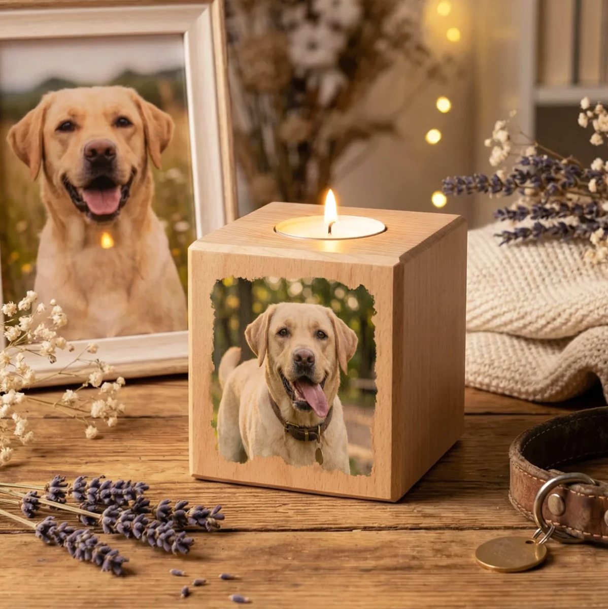 Houten kaarskubus met foto van een hond. Brandende kaars, omringd door lavendel en een fotolijst.