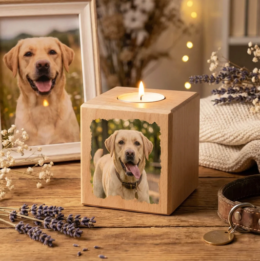 Houten kaarskubus met foto van een hond. Brandende kaars, omringd door lavendel en een fotolijst.