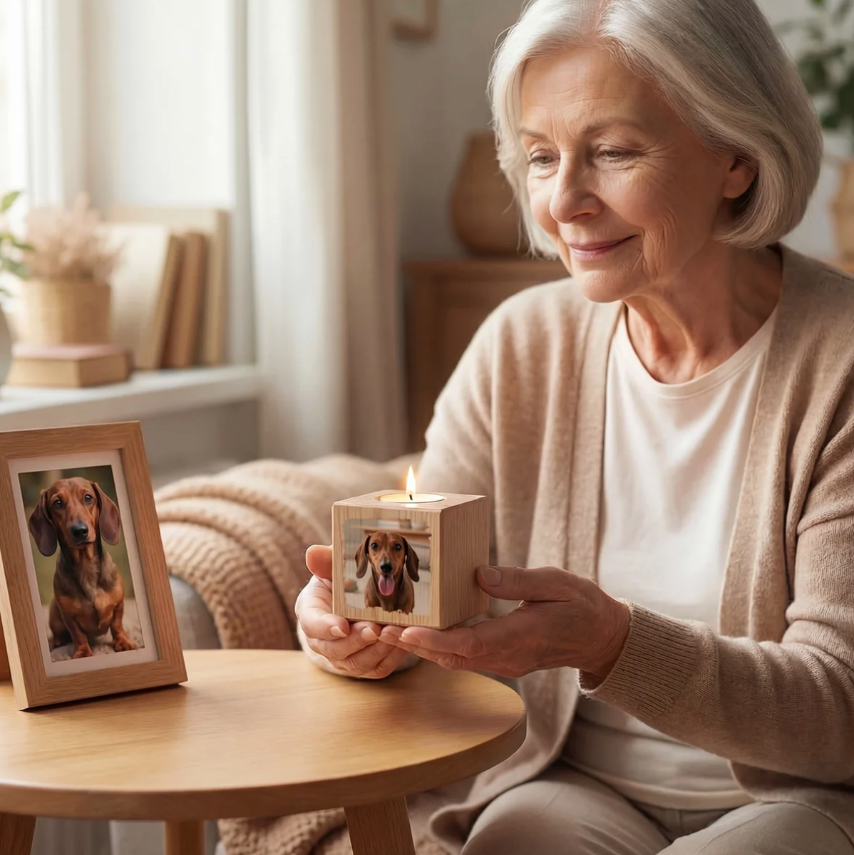Gepersonaliseerde houten kaarskubus met hondenfoto en brandende kaars in een gezellige omgeving.