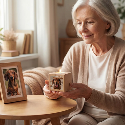 Gepersonaliseerde houten kaarskubus met hondenfoto en brandende kaars in een gezellige omgeving.