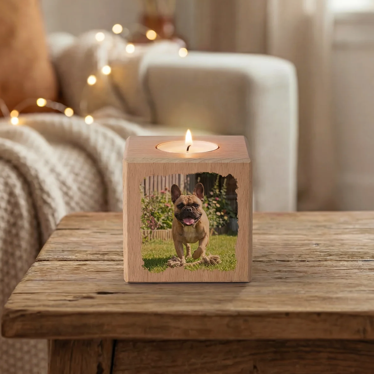 Gepersonaliseerde houten kaarskubus met foto en brandende kaars bovenop.