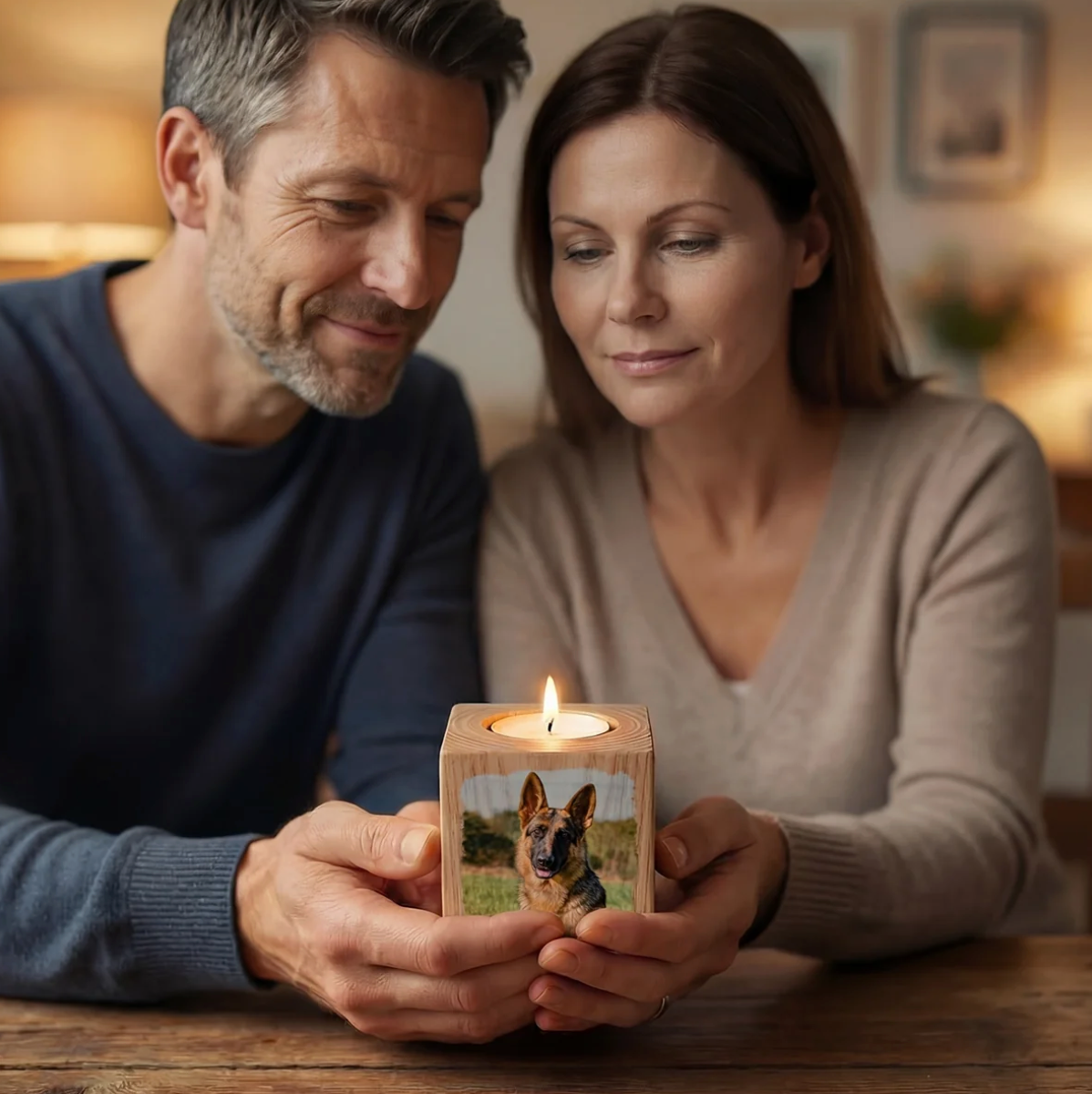 Mensen houden samen een gepersonaliseerde houten kaarskubus vast met foto en brandende kaars bovenop.