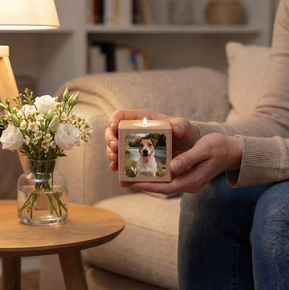Gepersonaliseerde houten kaarskubus met hondenfoto, brandend en in de hand gehouden.