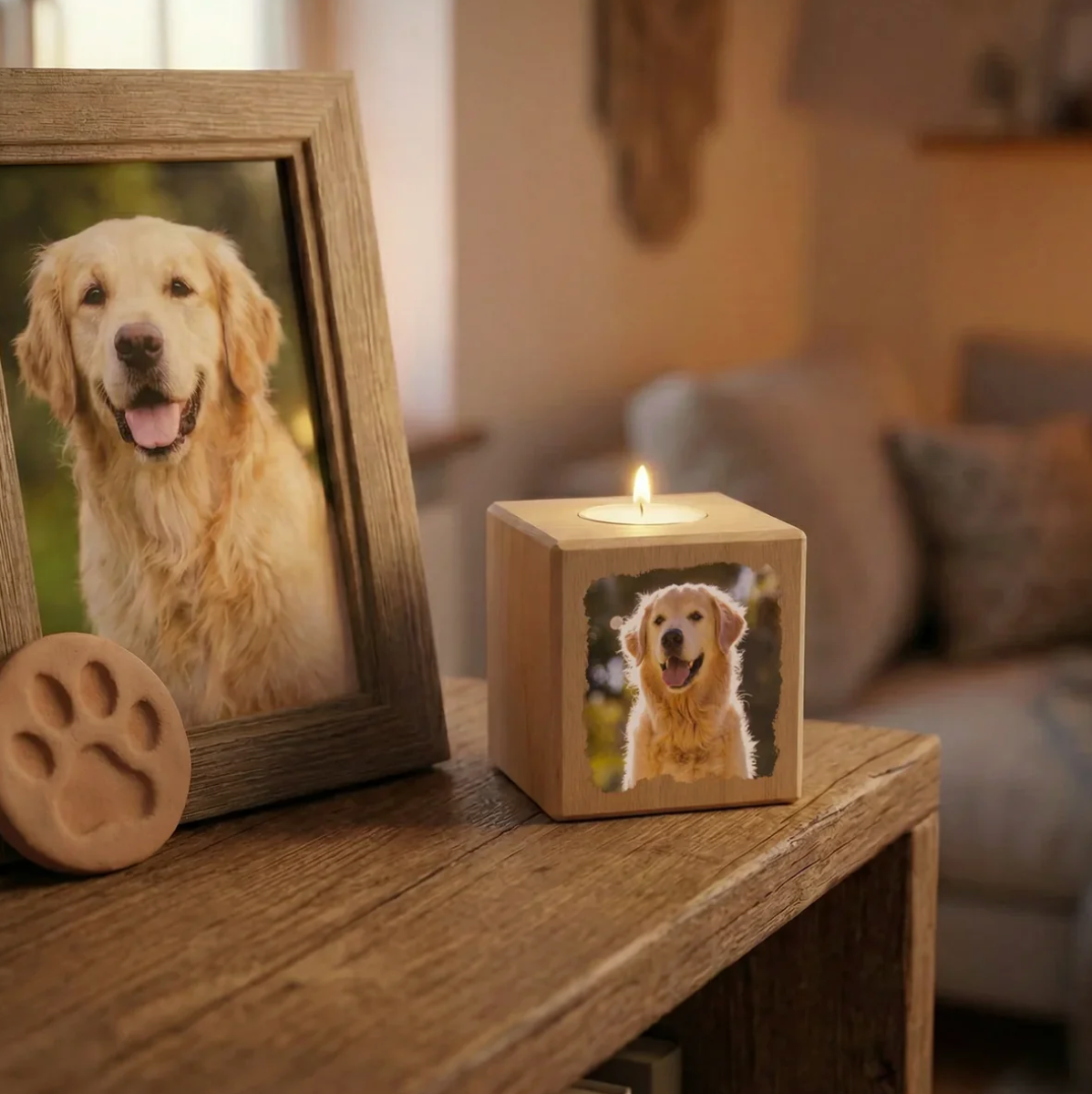Gepersonaliseerde houten kaarskubus met hondenfoto, theelichtje bovenop, houtkleur.
