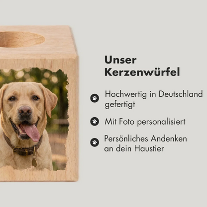 Gepersonaliseerde houten kaarskubus met hondenfoto, gemaakt in Duitsland.