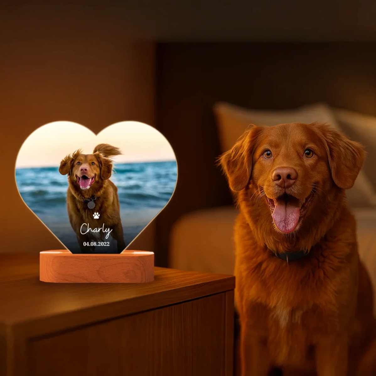Hartvormig LED-nachtlampje met gepersonaliseerde hondenfoto en tekst op een houten voet.